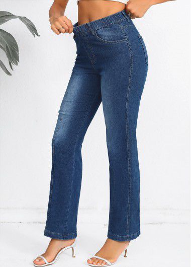 Modlily Elastic Waist Denim Blue High Waisted Jeans - 2XL
