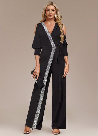 Modlily Black Metal Ring Cold Shoulder Jumpsuit - L