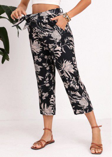 Modlily Black Floral Print Belted Regular Elastic Waist Pants - 2XL