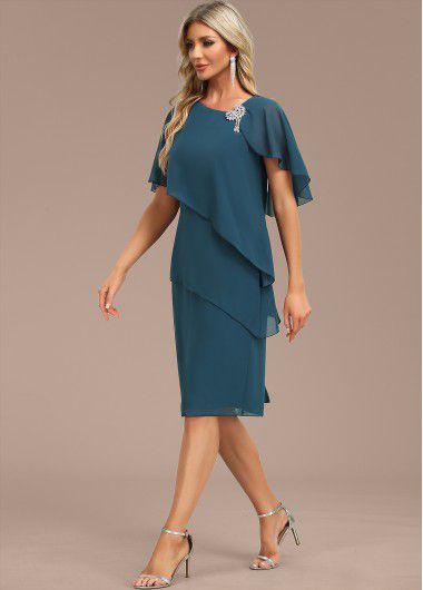 Modlily Peacock Blue Layered Cape Sleeve Asymmetrical Neck Shift Dress - M