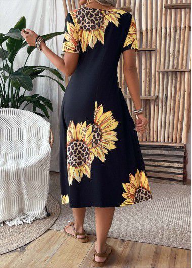 Modlily Black Pocket Sunflower Print Short Sleeve Round Neck Dress - XXL