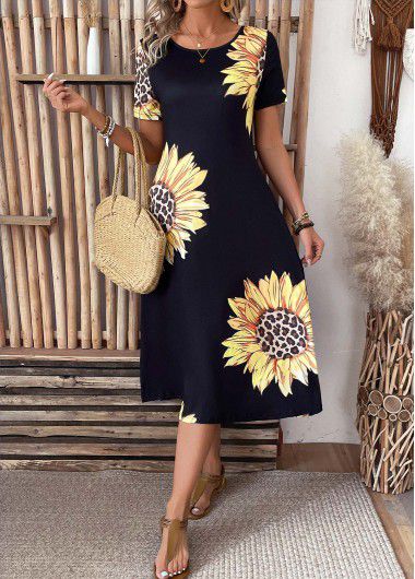 Modlily Black Pocket Sunflower Print Short Sleeve Round Neck Dress - XXL