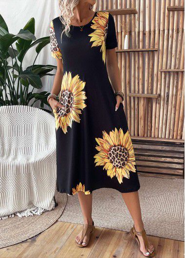 Modlily Black Pocket Sunflower Print Short Sleeve Round Neck Dress - XXL
