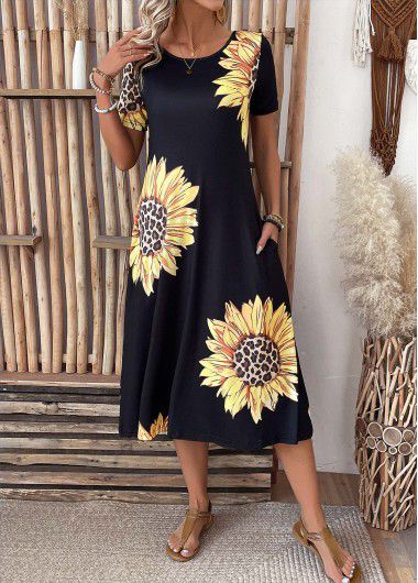 Modlily Black Pocket Sunflower Print Short Sleeve Round Neck Dress - XXL