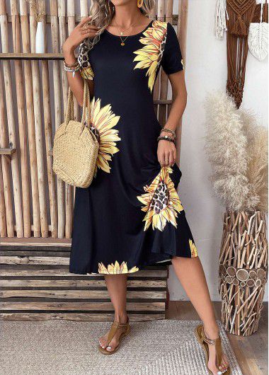 Modlily Black Pocket Sunflower Print Short Sleeve Round Neck Dress - XXL