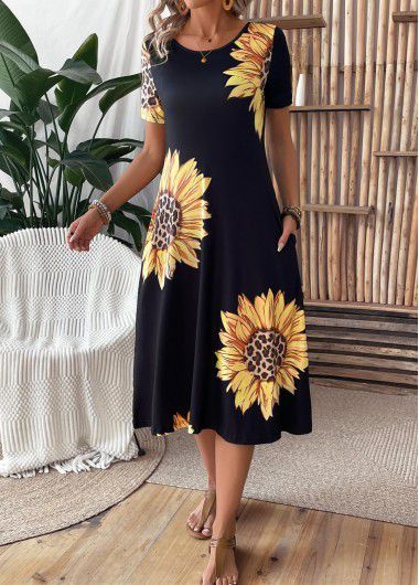 Modlily Black Pocket Sunflower Print Short Sleeve Round Neck Dress - XXL