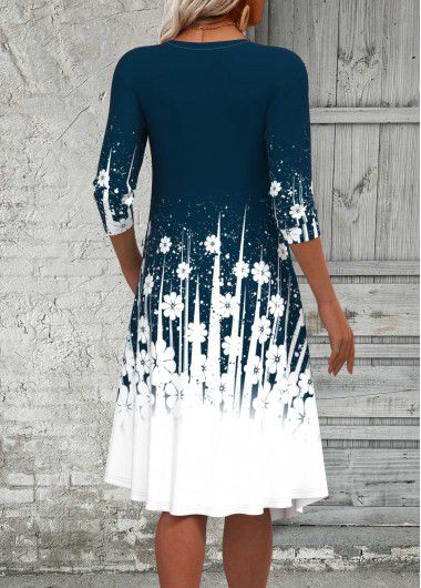 Modlily Peacock Blue Fake 2in1 Floral Print A Line Dress - XXL