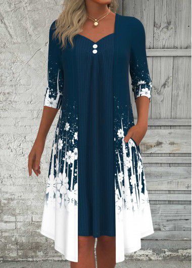 Modlily Peacock Blue Fake 2in1 Floral Print A Line Dress - XXL
