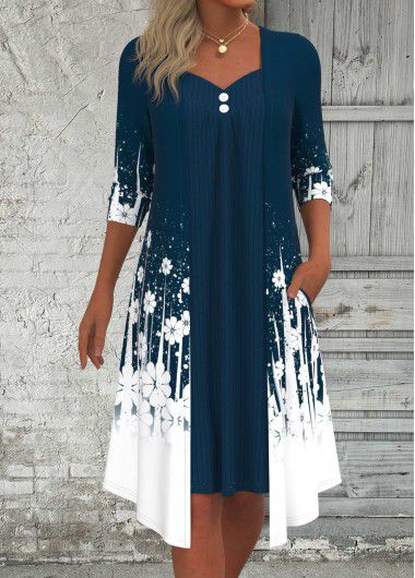 Modlily Peacock Blue Fake 2in1 Floral Print A Line Dress - XXL