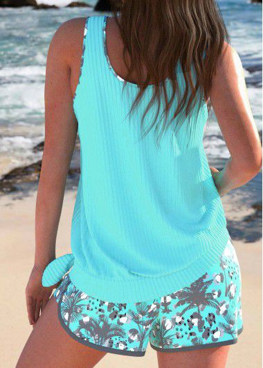 Modlily Bowknot Tropical Plants Print Cyan Tankini Set - M