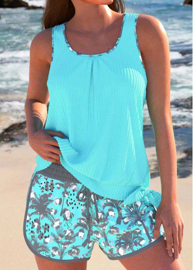 Modlily Bowknot Tropical Plants Print Cyan Tankini Set - M