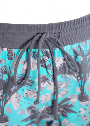 Modlily Bowknot Tropical Plants Print Cyan Tankini Set - M