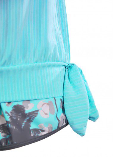 Modlily Bowknot Tropical Plants Print Cyan Tankini Set - M