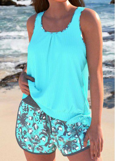 Modlily Bowknot Tropical Plants Print Cyan Tankini Set - M