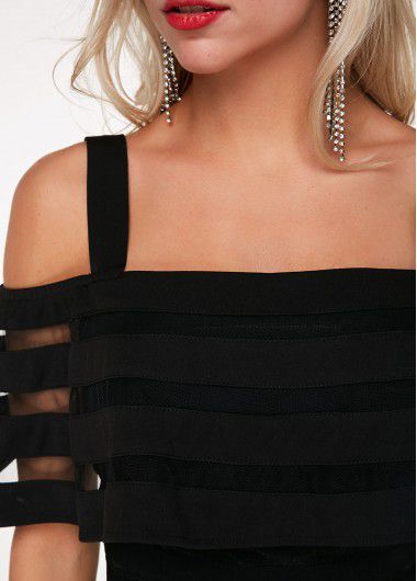 Modlily Black Jumpsuit Cold Shoulder Jumpsuit Strappy Jumpsuit Overlay Embellished Jumpsuit for Women - XL