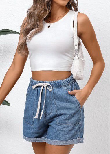 Modlily Denim Blue Double Side Pockets Regular Elastic Waist Shorts - M