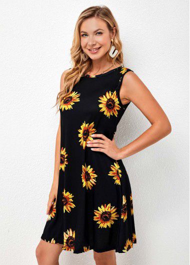 Modlily Sunflower Print Sleeveless Round Neck Dress - 3XL