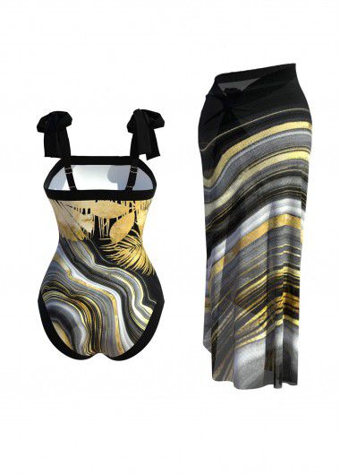 Modlily Marble Print Black One Piece Swimwear - S