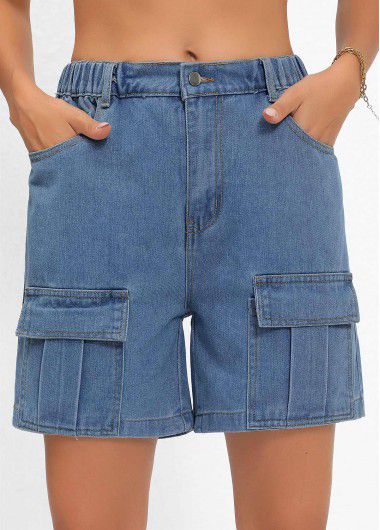 Modlily Denim Blue Double Side Pockets Button Fly Shorts - L