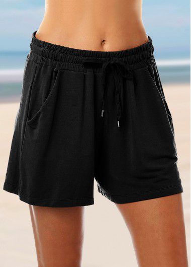 Modlily Mid Waist Black Drawstring Detail Loose Shorts - S