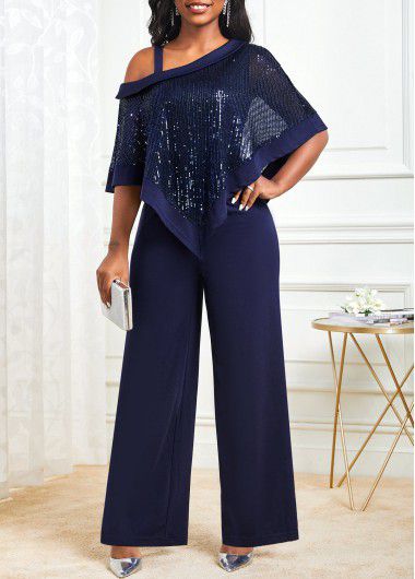 Modlily Navy Sequin Cold Shoulder Asymmetric Hem Jumpsuit - XL