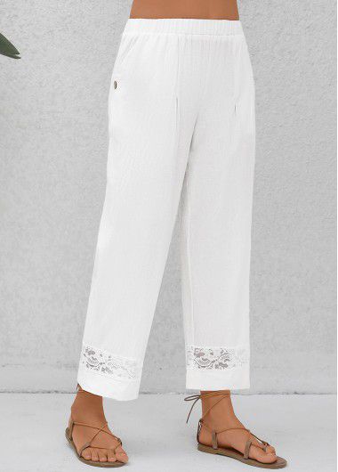 Modlily White Patchwork Elastic Waist High Waisted Pants - L