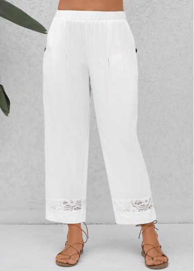 Modlily White Patchwork Elastic Waist High Waisted Pants - L