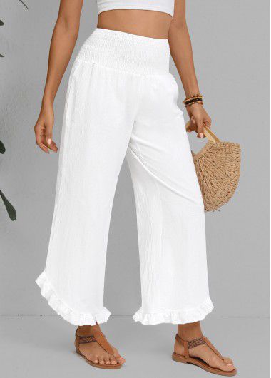 Modlily Wide Leg Elastic Waist White High Waisted Pants - M