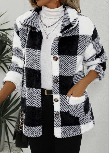 Modlily Black Pocket Plaid Long Sleeve Coat - XXL