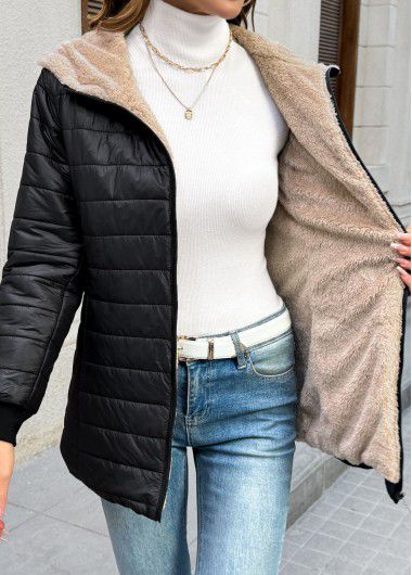 Modlily Black Tummy Coverage Long Sleeve Hooded Coat - M