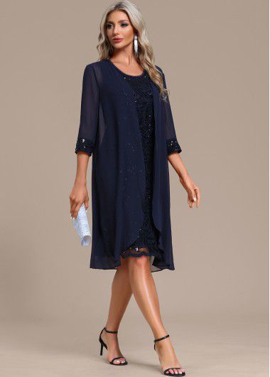 Modlily Navy Lace Sequin Shift Dress and Cardigan - M