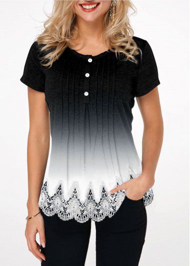 Modlily Black&amp;White Gradient Lace Hem Button Detail T Shirt - XXL