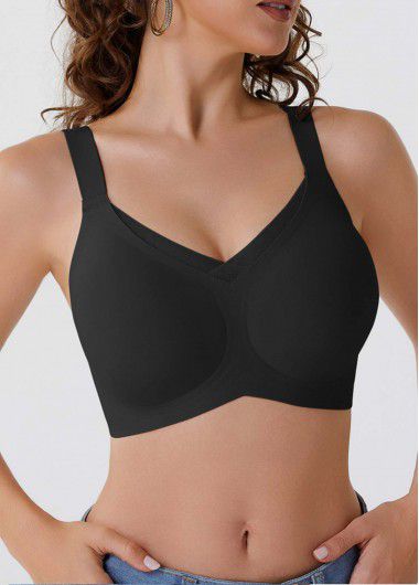Modlily Sexy Babydoll Lingerie Chemises Black Push-up Seamless V Neck Bra - L
