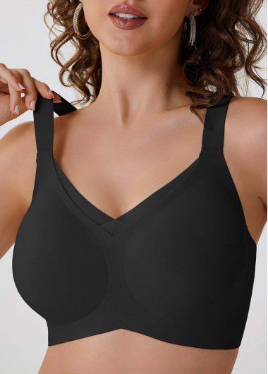 Modlily Sexy Babydoll Lingerie Chemises Black Push-up Seamless V Neck Bra - L