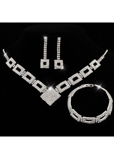 Modlily Silvery White Rhinestone Copper Necklace and Bracelet Set - One Size