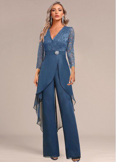 Modlily Peacock Blue Lace Long Three Quarter Length Sleeve Jumpsuit - M