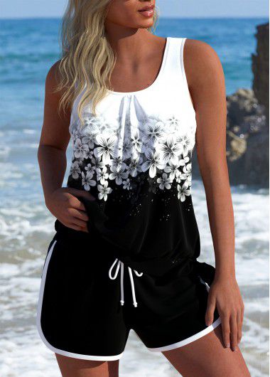 Modlily Tie Floral Print Black Tankini Set - XL