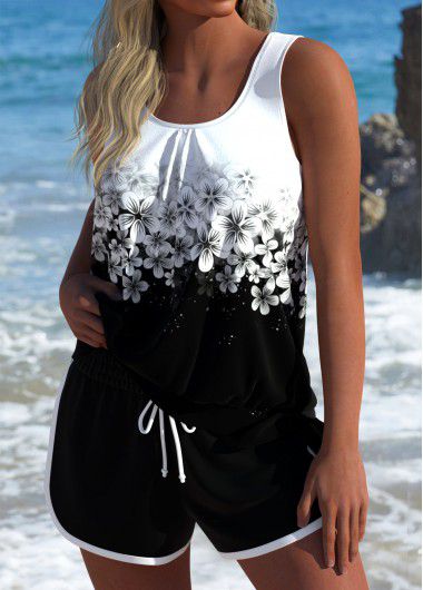 Modlily Tie Floral Print Black Tankini Set - XL