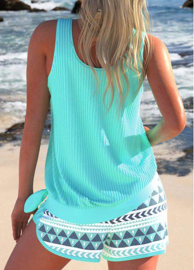 Modlily Bowknot Geometric Print Mint Green Tankini Set - M