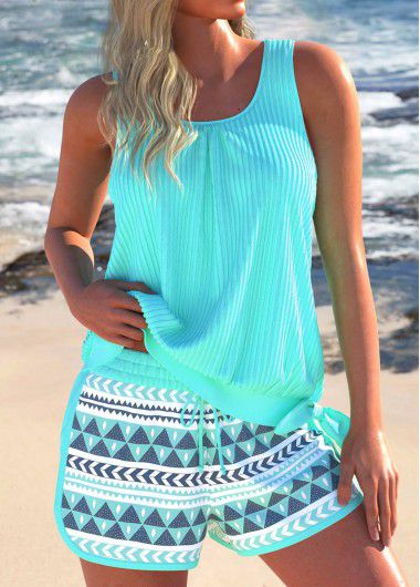 Modlily Bowknot Geometric Print Mint Green Tankini Set - M