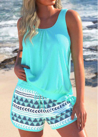 Modlily Bowknot Geometric Print Mint Green Tankini Set - M