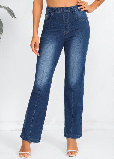Modlily Elastic Waist Denim Blue High Waisted Jeans - 2XL