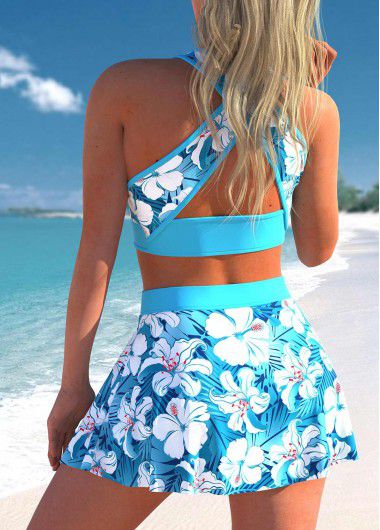 Modlily High Waisted Floral Print Cyan Bikini Set - M