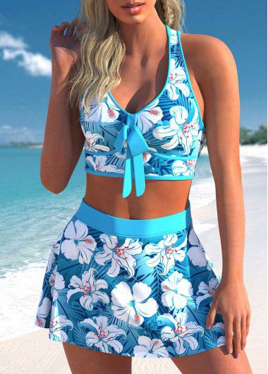 Modlily High Waisted Floral Print Cyan Bikini Set - M