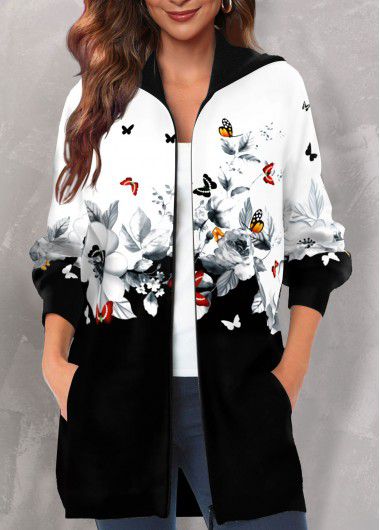 Modlily Multi Color Pocket Floral Print Long Sleeve Hooded Coat - XXL