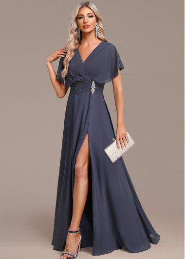 Modlily Dark Grey Split Maxi Short Sleeve V Neck Dress - XXL