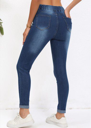 Modlily Denim Blue Pocket Skinny Elastic Waist High Waisted Jeans - L