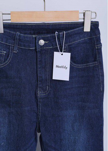 Modlily Denim Blue Pocket Skinny Button Fly High Waisted Jeans - XL