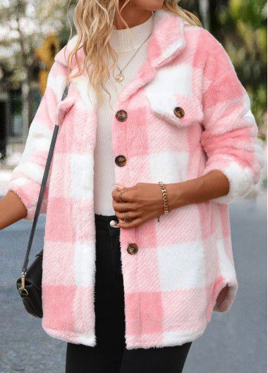 Modlily Light Pink Button Plaid Long Sleeve Coat - M