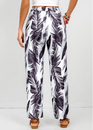 Modlily White Double Side Pockets Feathers Print Elastic Waist Pants - 2XL